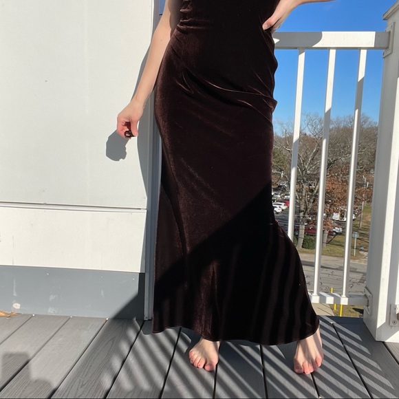 Velvet Maxi Dress Gown Halter Vintage Chocolate Brown Lace Back Corset Top S - Picture 4 of 7